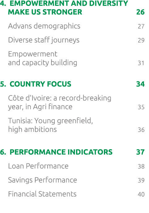4.  Empowerment and diversity make us stronger 26 Advans demographics 27 Diverse staff journeys 29 Empowerment and c...