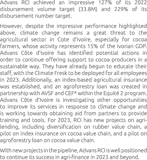 Advans RCI achieved an impressive 127% of its 2022 disbursement volume target (33.8M) and 229% of its disbursement nu...