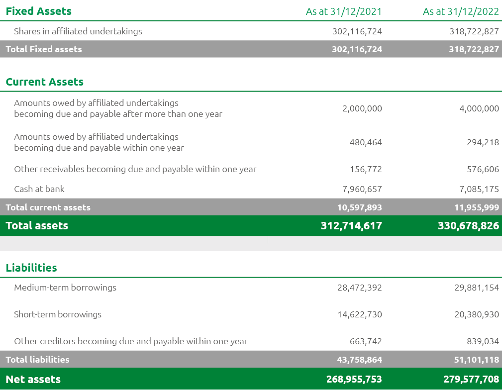 Fixed Assets,As at 31/12/2021,As at 31/12/2022 ,Shares in affiliated undertakings,302,116,724 ,318,722,827,Total Fixe...