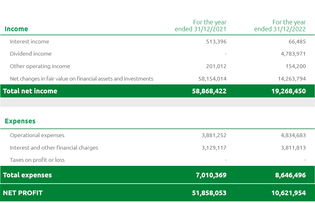 Income,For the year ended 31/12/2021,For the year ended 31/12/2022,Interest income,513,396 , 66,485 ,Dividend income,...