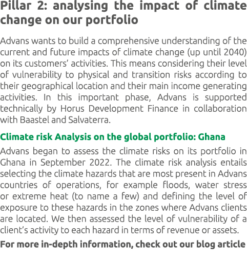 Pillar 2: analysing the impact of climate change on our portfolio Advans wants to build a comprehensive understanding...